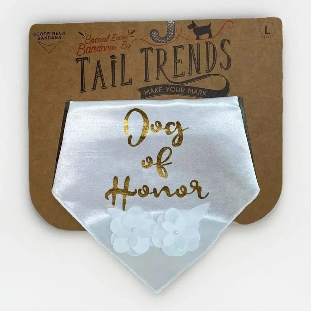 Dog of Honor White Wedding Bandana NWT Pet Gold Foil Script Floral Bride Formal